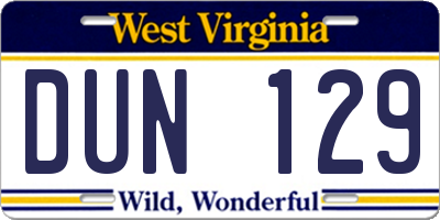 WV license plate DUN129
