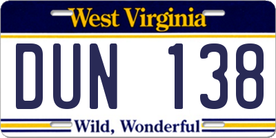WV license plate DUN138