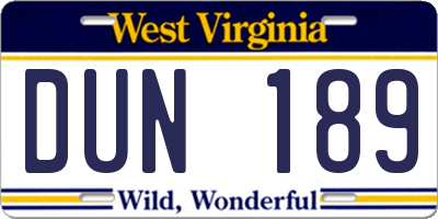 WV license plate DUN189