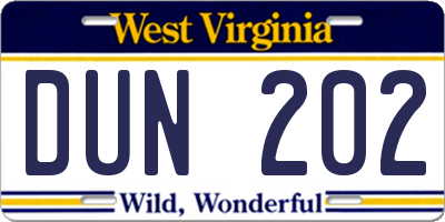 WV license plate DUN202