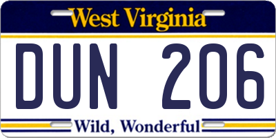 WV license plate DUN206