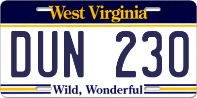 WV license plate DUN230