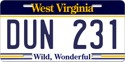 WV license plate DUN231