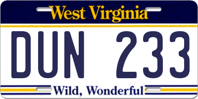 WV license plate DUN233