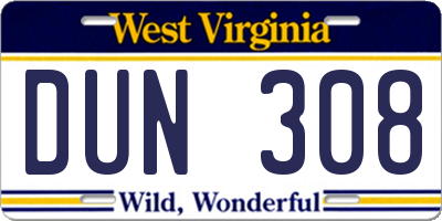 WV license plate DUN308