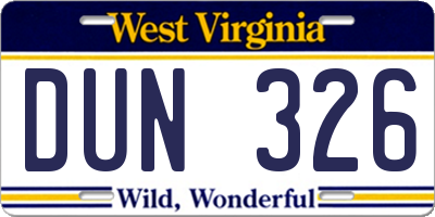 WV license plate DUN326