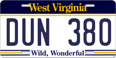 WV license plate DUN380