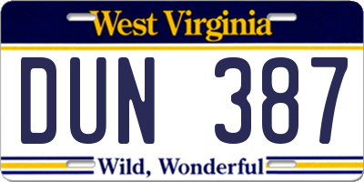 WV license plate DUN387