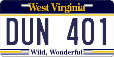 WV license plate DUN401