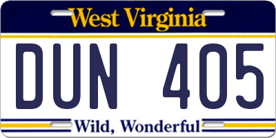 WV license plate DUN405