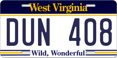 WV license plate DUN408