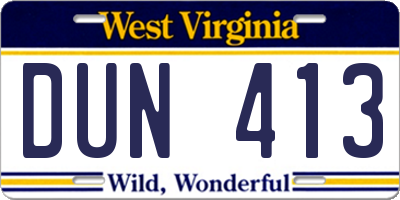 WV license plate DUN413