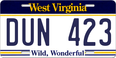 WV license plate DUN423