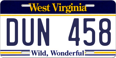 WV license plate DUN458