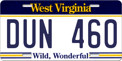 WV license plate DUN460