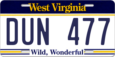 WV license plate DUN477