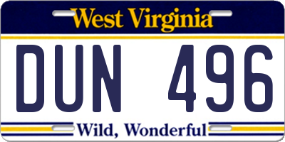 WV license plate DUN496