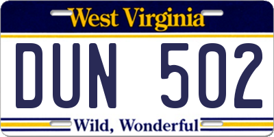 WV license plate DUN502