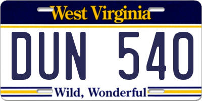 WV license plate DUN540