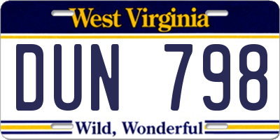 WV license plate DUN798