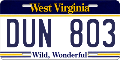 WV license plate DUN803
