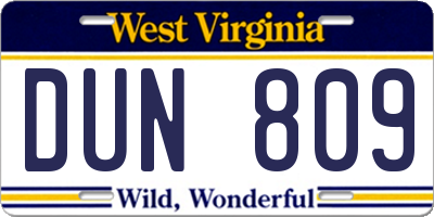 WV license plate DUN809