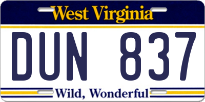 WV license plate DUN837