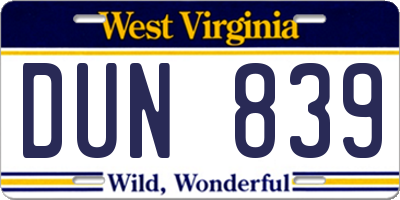WV license plate DUN839