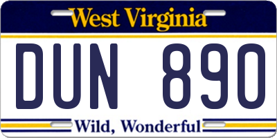 WV license plate DUN890