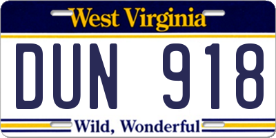 WV license plate DUN918