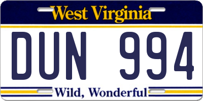WV license plate DUN994