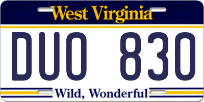 WV license plate DUO830
