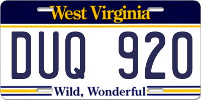 WV license plate DUQ920