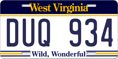 WV license plate DUQ934