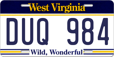 WV license plate DUQ984