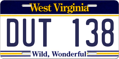 WV license plate DUT138