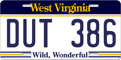 WV license plate DUT386