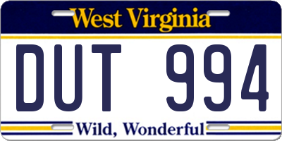 WV license plate DUT994