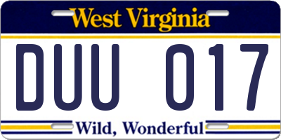 WV license plate DUU017