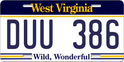 WV license plate DUU386