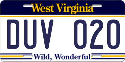 WV license plate DUV020