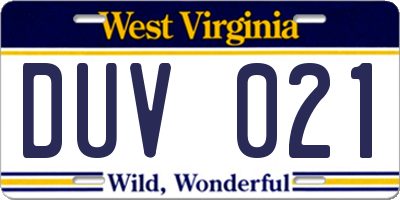WV license plate DUV021