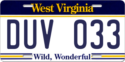 WV license plate DUV033