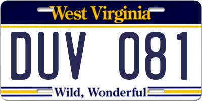 WV license plate DUV081