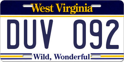 WV license plate DUV092