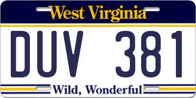 WV license plate DUV381