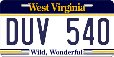 WV license plate DUV540