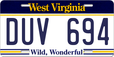 WV license plate DUV694