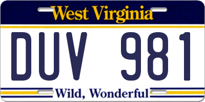 WV license plate DUV981