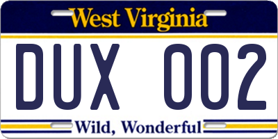 WV license plate DUX002